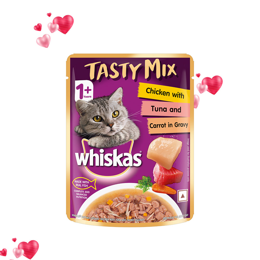Whiskas Adult (1+ year) Tasty Mix Wet Cat Food Made With Real Fish, Chicken With Tuna And Carrot in Gravy