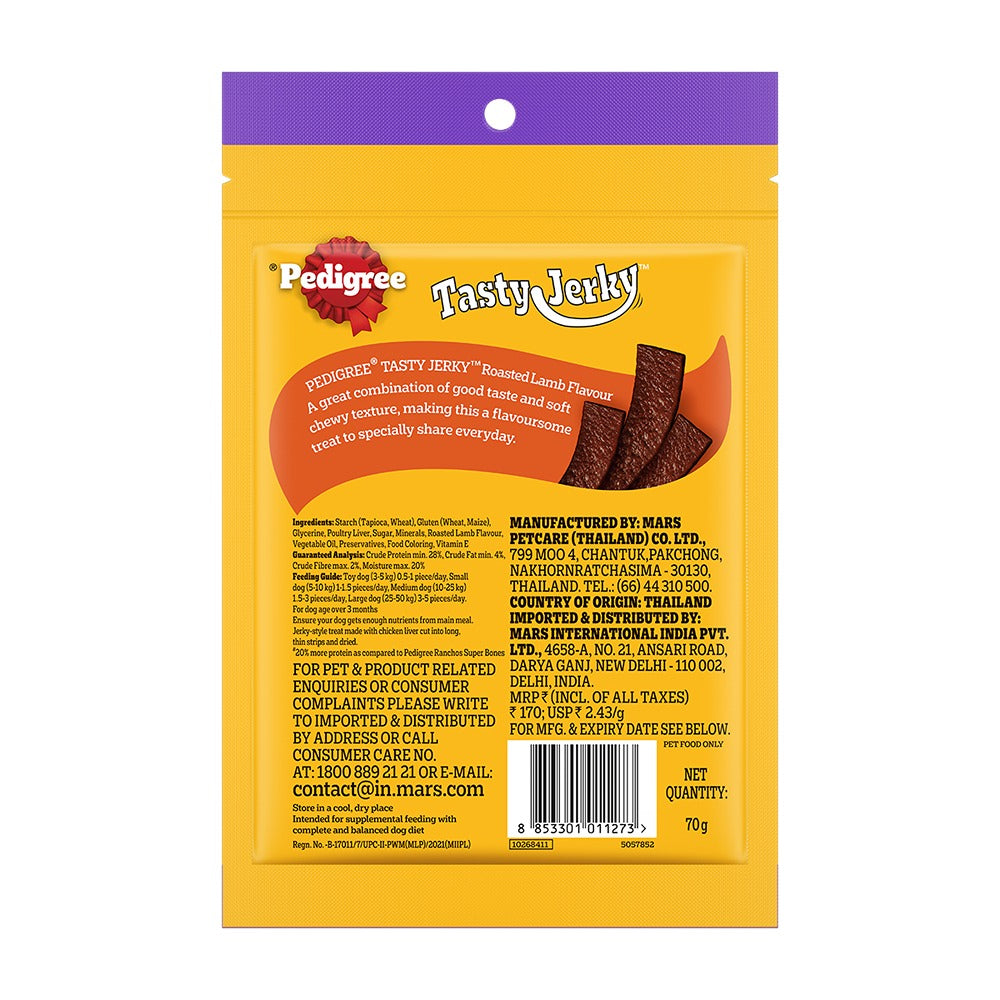 PedigreeÂ® Tasty Jerkyâ„¢ Dog Treat, Roasted Lamb Flavour, 70 g, Jerky-style Treats for Bonding, Low-fat and High-protein* Dog Treats