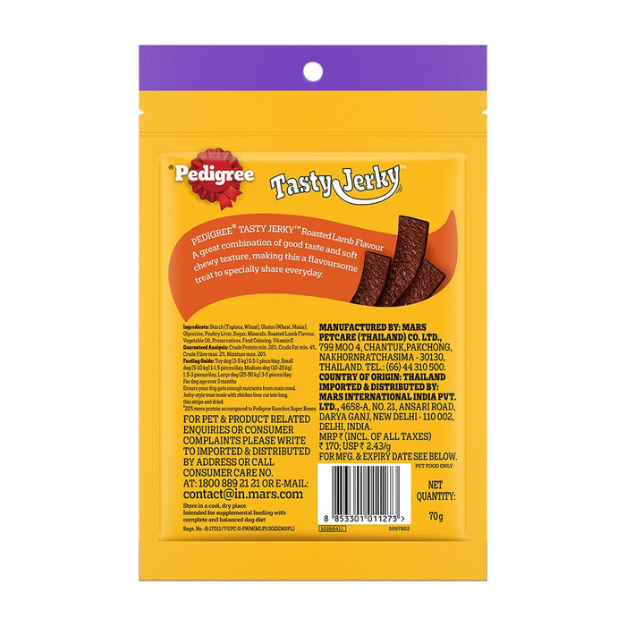 PedigreeÂ® Tasty Jerkyâ„¢ Dog Treat, Roasted Lamb Flavour, 70 g, Jerky-style Treats for Bonding, Low-fat and High-protein* Dog Treats