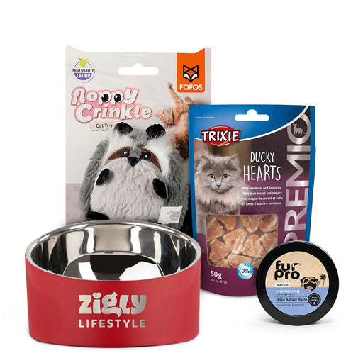 Cat Joy Holiday Bundle: Trixie Duck Hearts, Fur Pro Paw Balm, Fofos Toy & ZL Double Walled Bowl