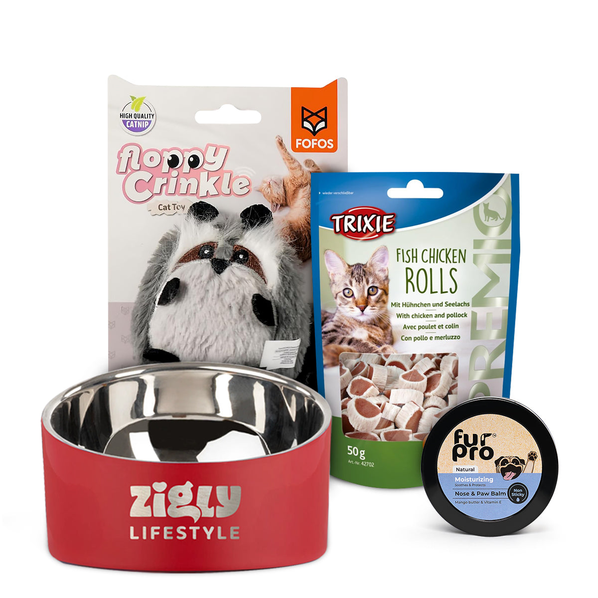 Ultimate Meow Bundle: Trixie Fish Chicken Rolls, Fur Pro Paw Balm, Fofos Toy & ZL Double Walled Bowl