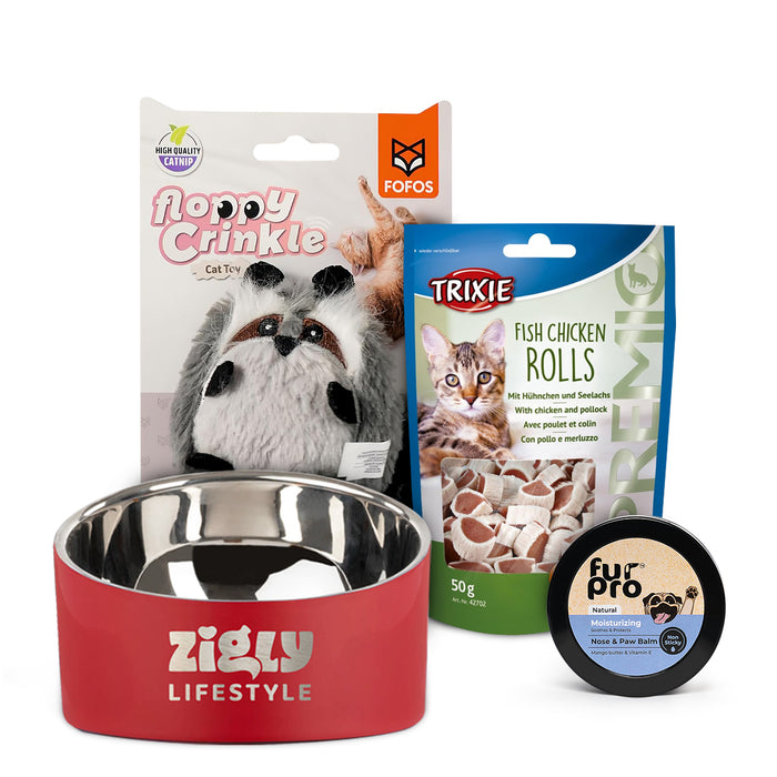 Ultimate Meow Bundle: Trixie Fish Chicken Rolls, Fur Pro Paw Balm, Fofos Toy & ZL Double Walled Bowl