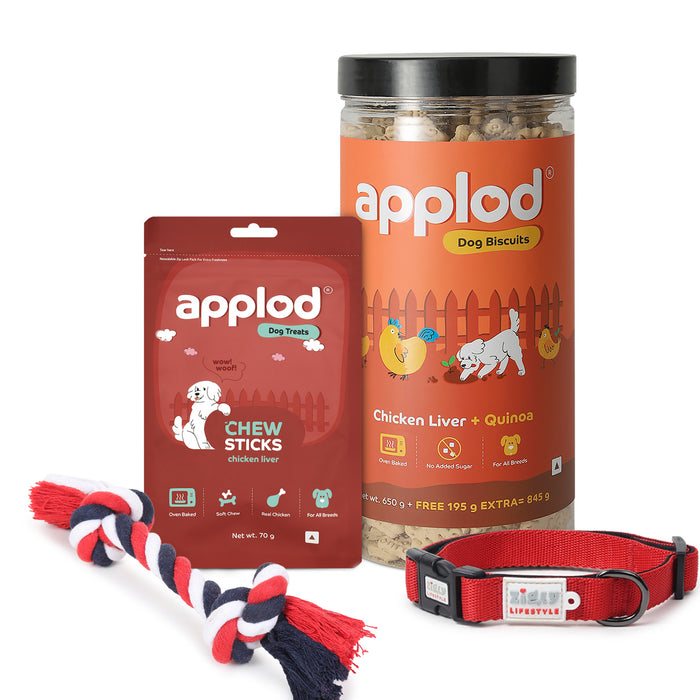 All-In-One Pawfect Dog Bundle: ZL Collar Red (M), ZL Rope Toy, Applod Chicken & Quinoa Biscuit & Applod Chicken Liver Treat