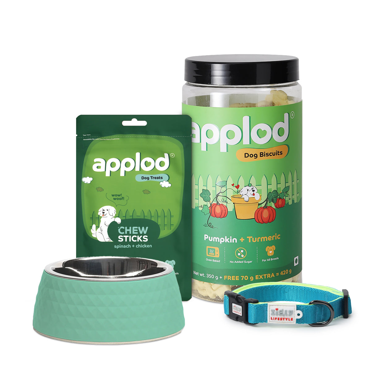 Evergreen Dog Bundle:  ZL Collar Neon Green (XS), ZL Sage Melamine Bowl, Applod Pumpkin & Turmeric Biscuit, Applod Spinach & Chicken Treat
