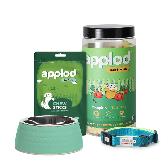 Evergreen Dog Bundle:  ZL Collar Neon Green (XS), ZL Sage Melamine Bowl, Applod Pumpkin & Turmeric Biscuit, Applod Spinach & Chicken Treat