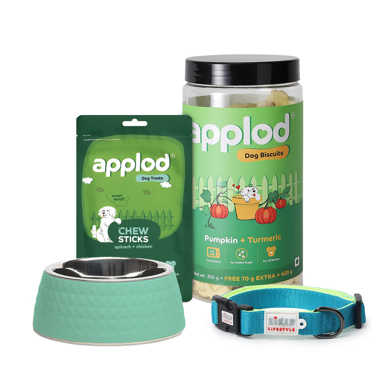 Holly Jolly Dog Bundle:  ZL Collar Neon Green (M), ZL Sage Melamine Bowl, Applod Pumpkin & Turmeric Biscuit, Applod Spinach & Chicken Treat