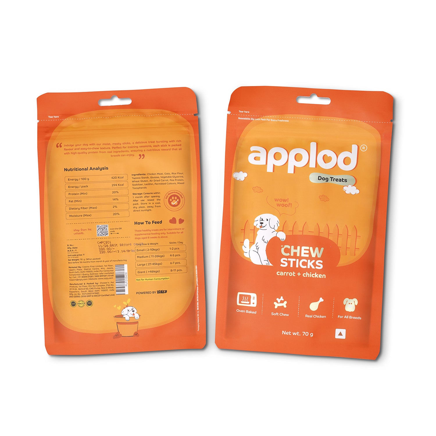 Applod Soft Carrot & Chicken Chew Sticks - 70 gm - Pack of 5