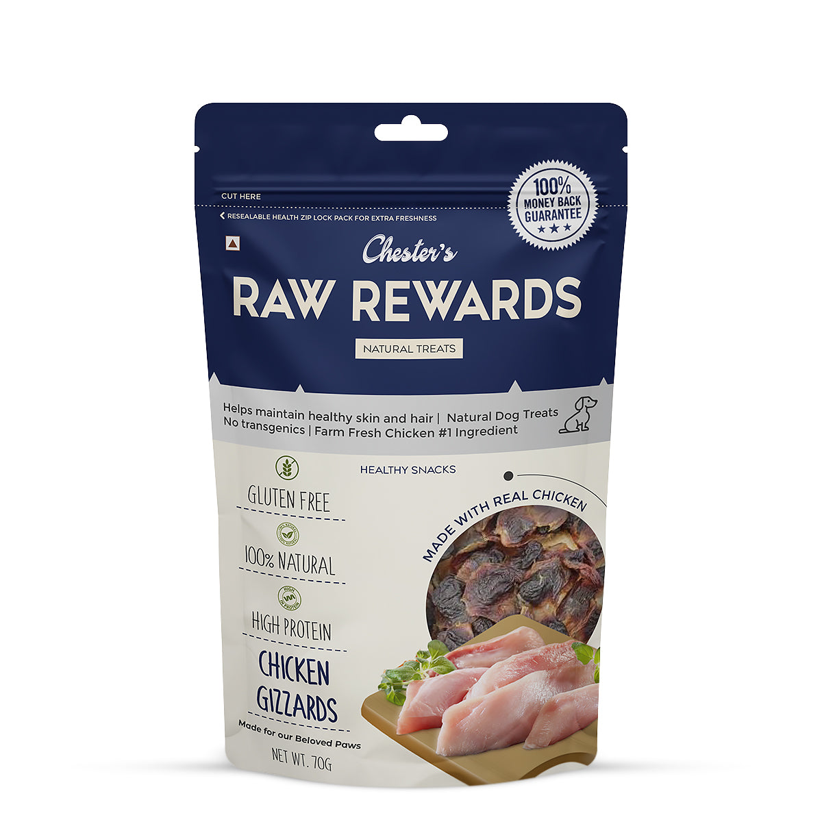 Chesters Raw Rewards Chicken Gizzards Dog Treat - 70 gm - Pack of 3