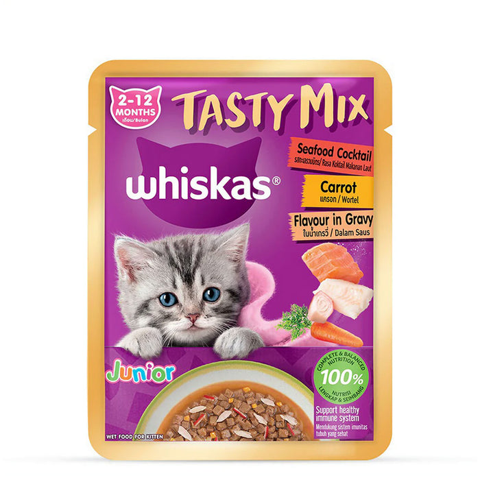 Whiskas Tasty Mix Seafood Cocktail Carrot Gravy Kitten Wet Cat Food 70 gm
