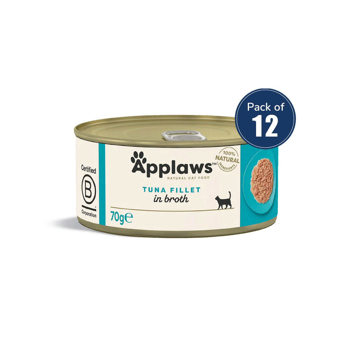 Applaws Natural Premium Wet Cat Food for Adult Cats, Tuna Fillet in Broth 70g Can(Pack Of 12)