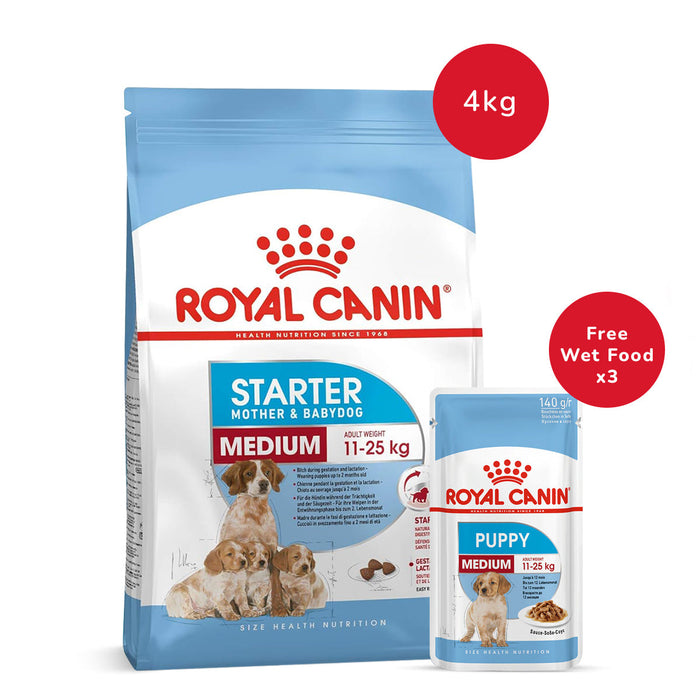 Royal Canin Medium Starter Dry Dog Food - 4 kg + Royal Canin Medium Puppy Wet Dog Food (140 gm x 3)