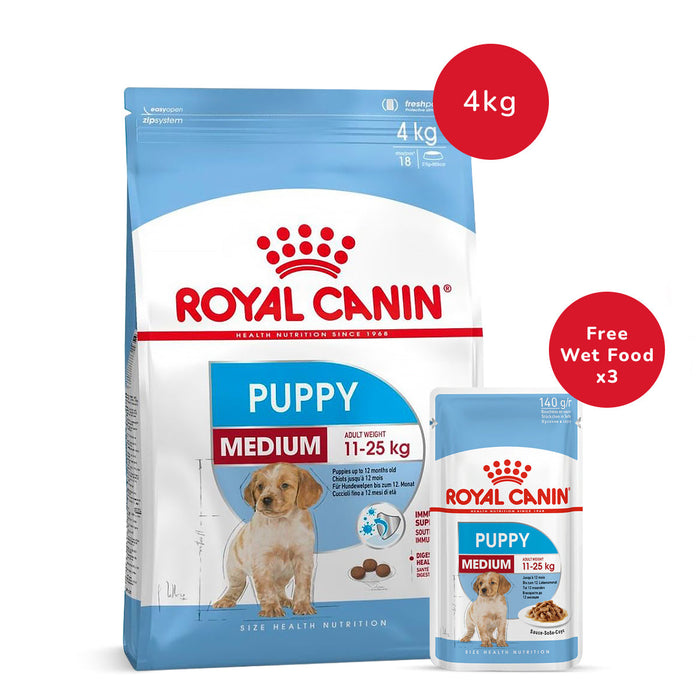Royal Canin Medium Puppy Dry Food - 4 kg + Royal Canin Medium Puppy Wet Dog Food (140 gm x 3)