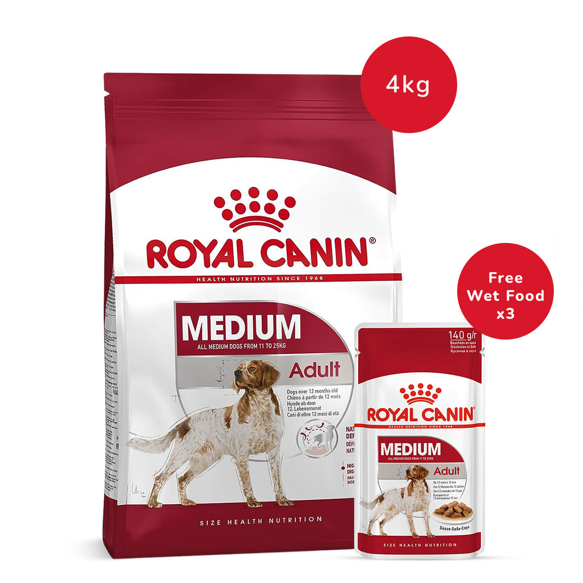 Royal Canin Medium Adult Dry Dog Food - 4 kg + Royal Canin Medium Adult (140 gm x 3)