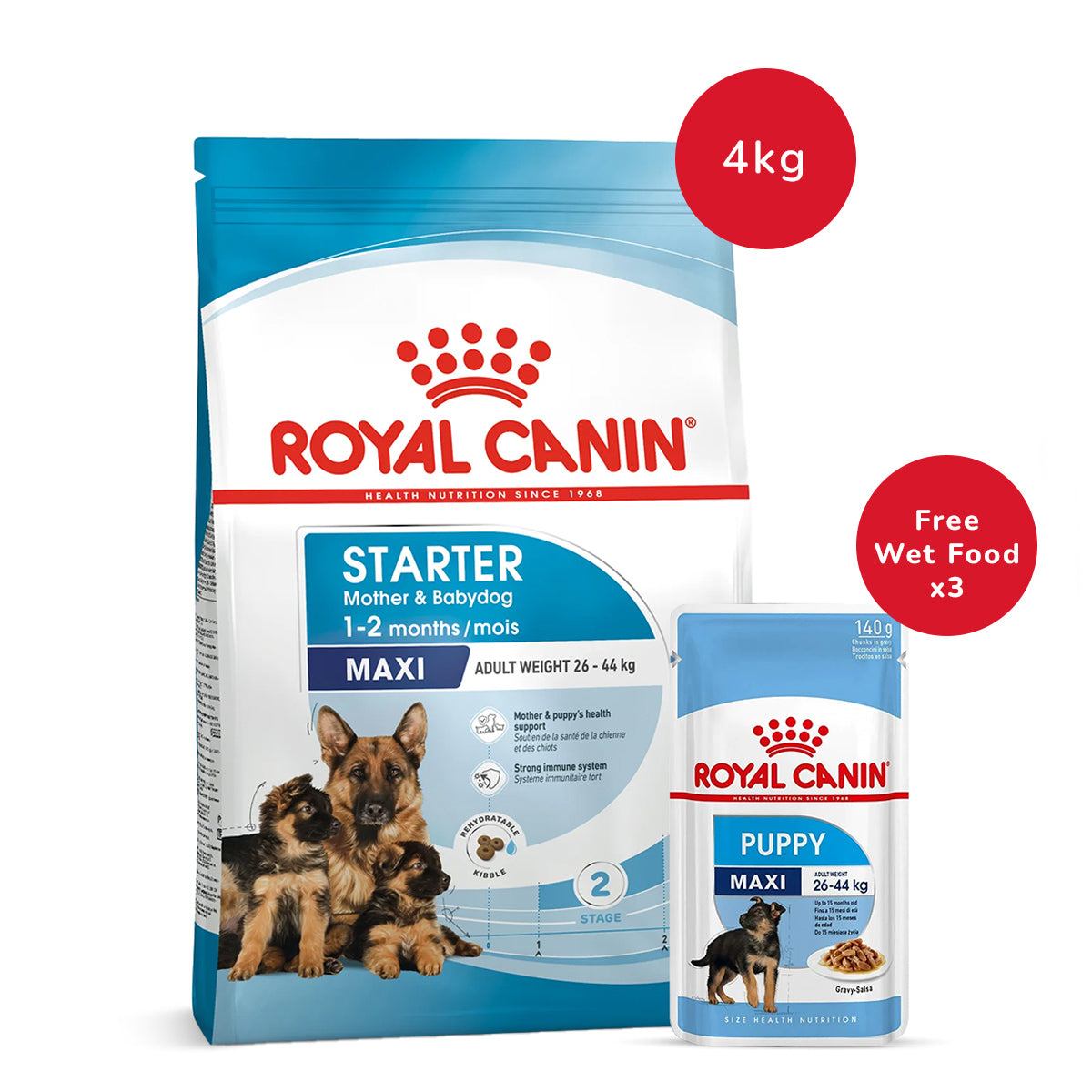 Royal Canin Maxi Starter Dry Dog Food - 4 kg + Royal Canin Maxi Puppy Wet Dog Food (140 gm x 3)