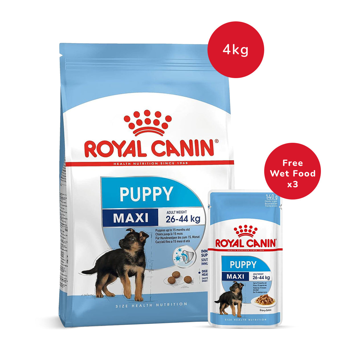 Royal Canin Maxi Puppy Dry Food - 4 kg + Royal Canin Maxi Puppy Wet Dog Food (140 gm x 3)