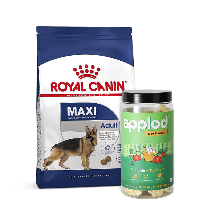 Royal Canin Maxi Adult Dry Dog Food 15kg + Applod Pumpkin Dog Biscuit Combo