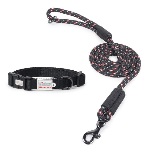 ZL Classic Padded Dog Collar & Refelective Leash Set - Black