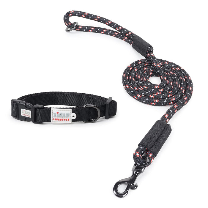 ZL Classic Padded Dog Collar & Refelective Leash Set - Black
