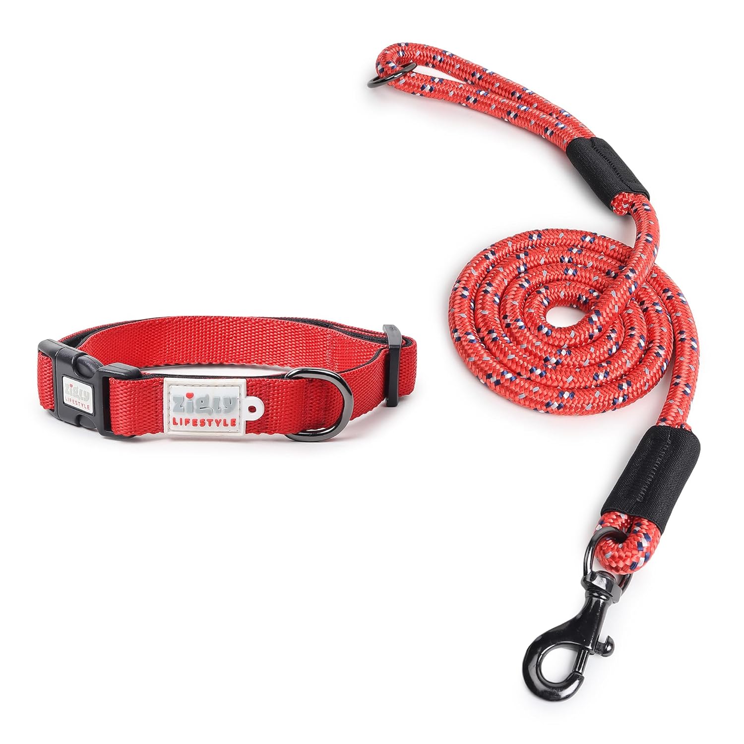 ZL Classic Padded Dog Collar & Refelective Leash Set - Red