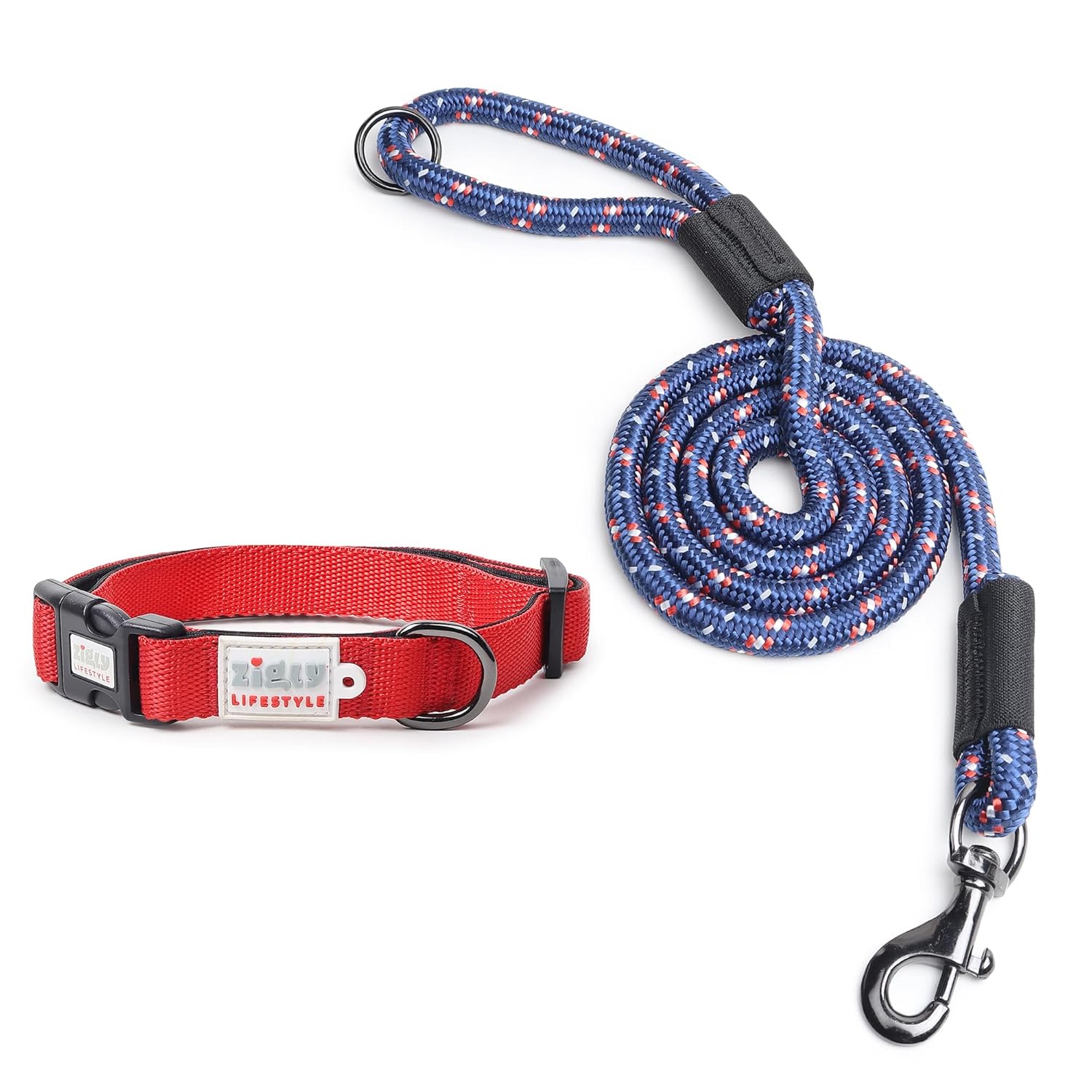 ZL Classic Padded Dog Collar & Refelective Leash Set - Red with Blue