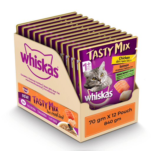 Whiskas Adult (1+ year) Tasty Mix Wet Cat Food Made With Real Fish, Chicken With Salmon Wakame Seaweed in Gravy