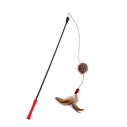 GiGwi Cat Toys - Cat Wand 'Feather Teaser' w/natural feather, plush tail and TPR handle