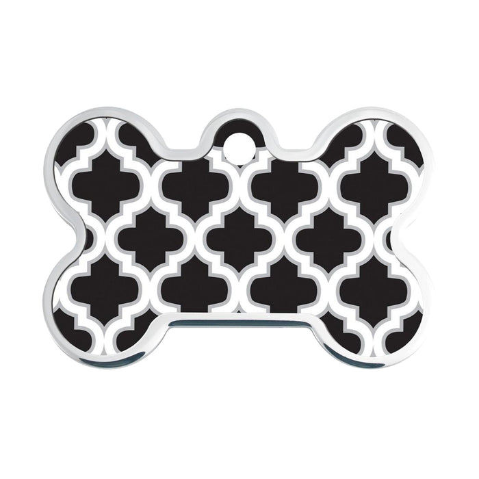 Personalised Petsy Pet Tag - Large Bone - Black Raised Edge Trellis