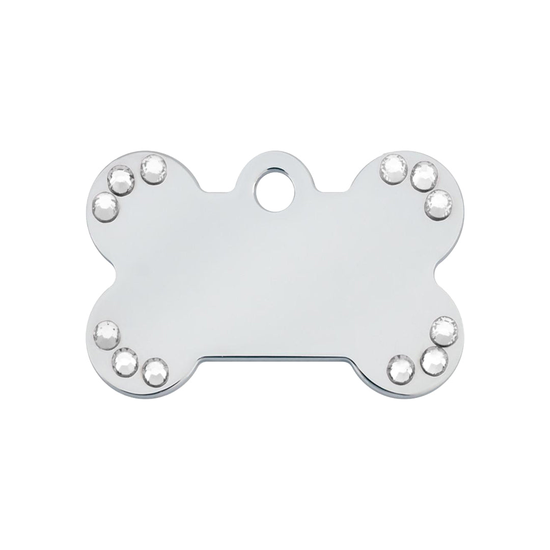 Personalised Petsy Pet Tag - Chrome with Clear Stones for Puppies (Small) Bone