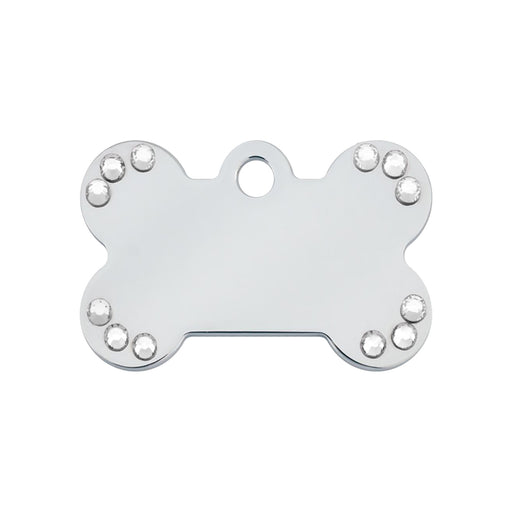 Personalised Petsy Pet Tag - Chrome with Clear Stones for Puppies (Small) Bone