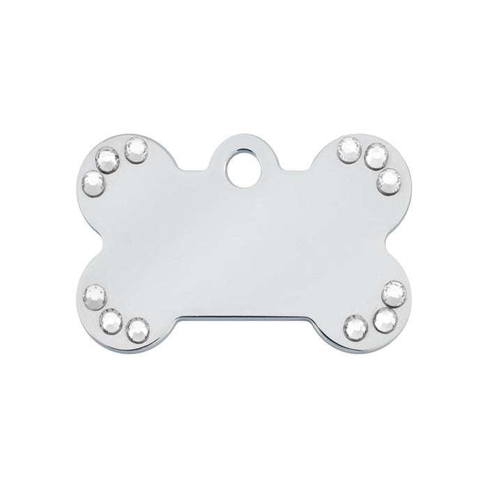 Personalised Petsy Pet Tag - Chrome with Clear Stones for Puppies (Small) Bone