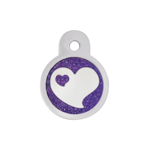 Personalised Petsy Pet Tag - Small Circle - Puple Epoxy Glitter Heart