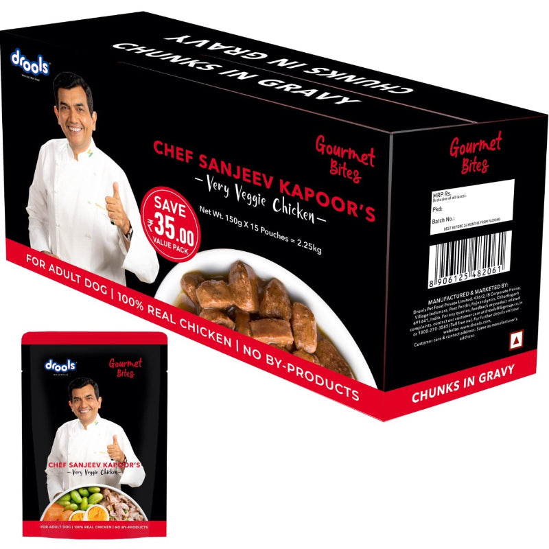 Drools Dry Dog Food - Gourmet Bites - Sanjeev Kapoor Recipe -Very Veggie Chicken 150g X 15 Pouches